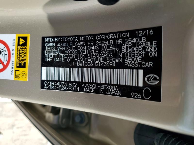 Aukcja sprzedaży 2017 Lexus Es, vin: JTHBW1GG6H2143694, numer aukcji: 68797796