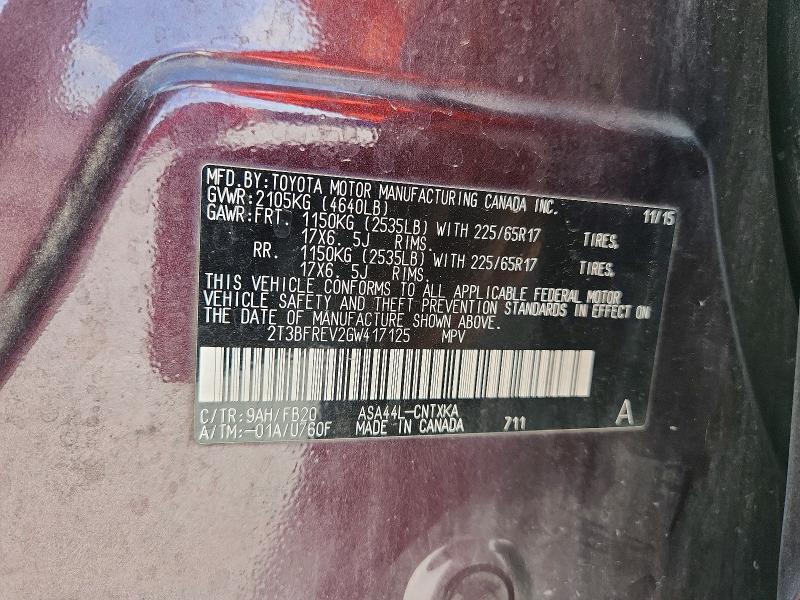 2016 Toyota Rav4 მანქანა იყიდება აუქციონზე, vin: 2T3BFREV2GW417125, აუქციონის ნომერი: 70458036