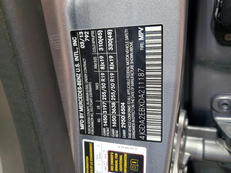 Aukcja sprzedaży 2013 Mercedes-benz Ml, vin: 4JGDA2EBXDA211187, numer aukcji: 68887406
