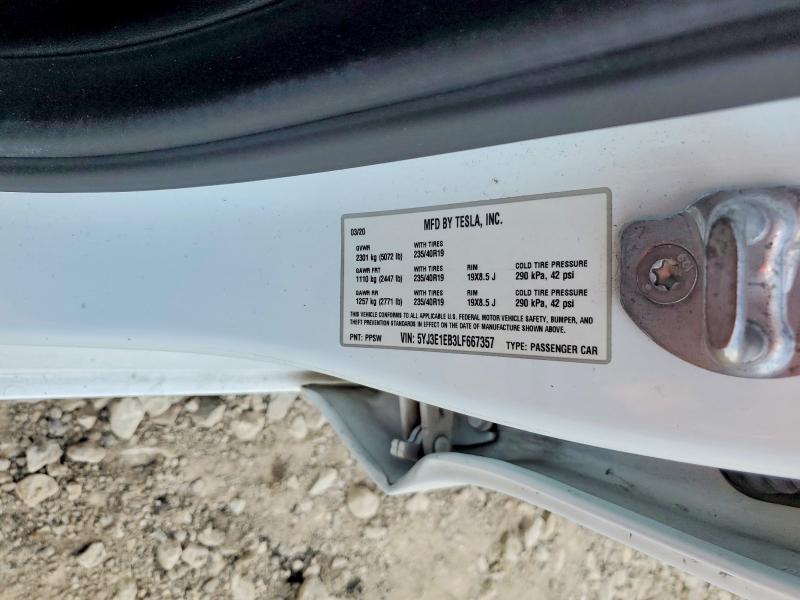 2020 Tesla Model 3 მანქანა იყიდება აუქციონზე, vin: 5YJ3E1EB3LF667357, აუქციონის ნომერი: 70269116