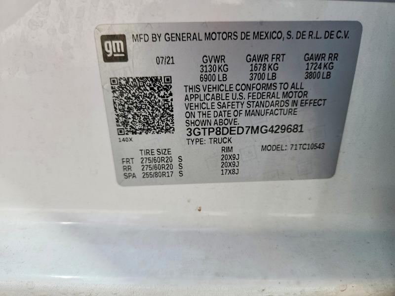 Auction sale of the 2021 Gmc Sierra, vin: 3GTP8DED7MG429681, lot number: 71082706