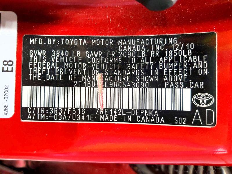 2011 Toyota Corolla მანქანა იყიდება აუქციონზე, vin: 2T1BU4EE9BC543090, აუქციონის ნომერი: 68669076