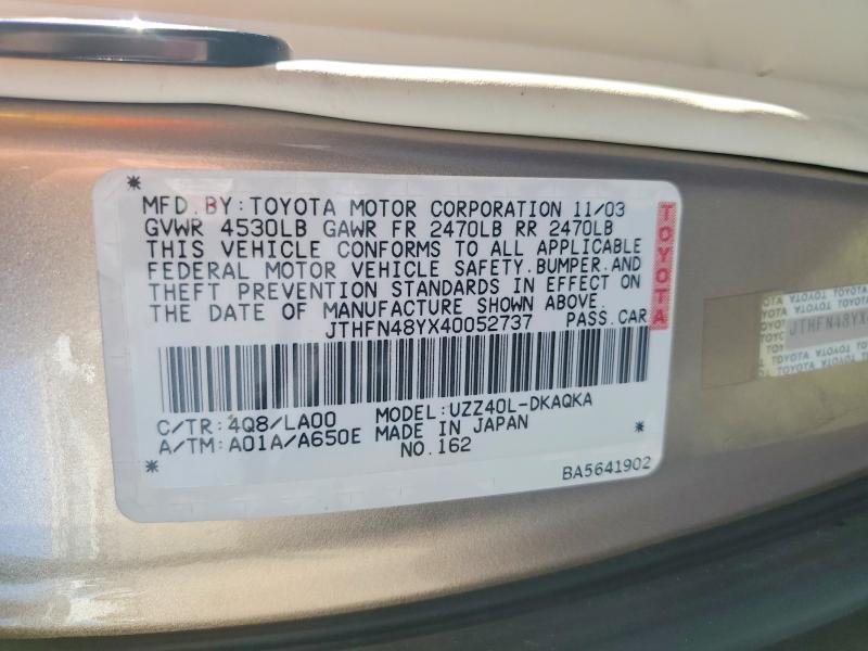 Aukcja sprzedaży 2004 Lexus Sc, vin: JTHFN48YX40052737, numer aukcji: 69982546