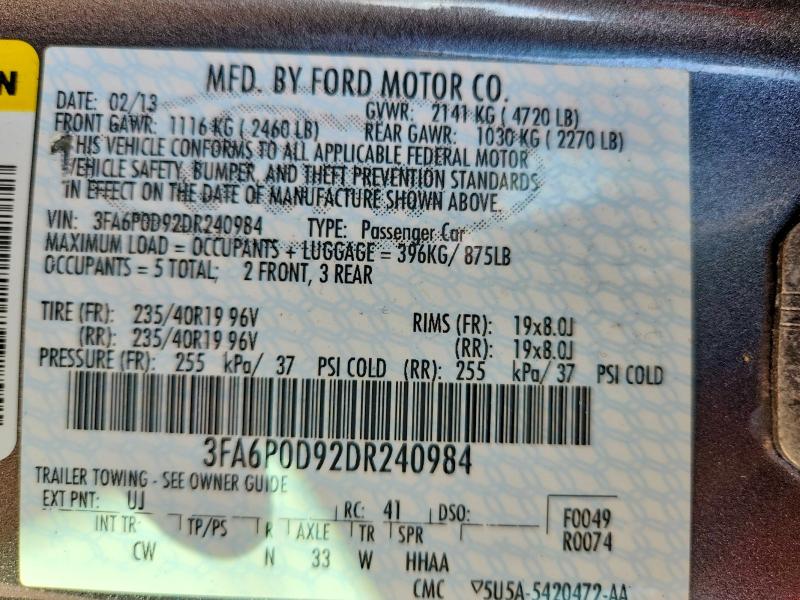 2013 Ford Fusion მანქანა იყიდება აუქციონზე, vin: 3FA6P0D92DR240984, აუქციონის ნომერი: 67657056