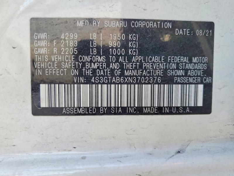 67855496 :رقم المزاد ، 4S3GTAB6XN3702376 vin ، 2022 Subaru Impreza مزاد بيع