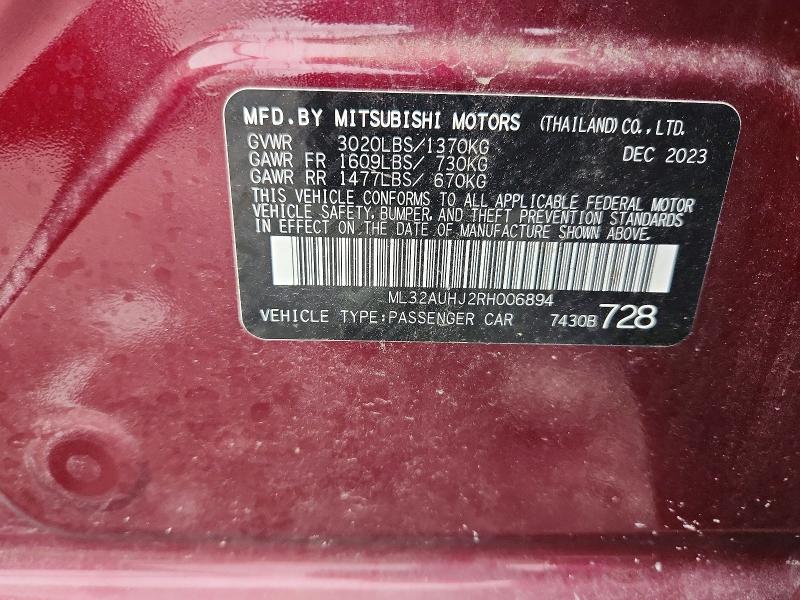 2024 Mitsubishi Mirage მანქანა იყიდება აუქციონზე, vin: ML32AUHJ2RH006894, აუქციონის ნომერი: 68935036