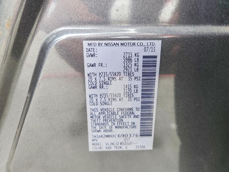 2015 Nissan Pathfinder მანქანა იყიდება აუქციონზე, vin: 5N1AR2MMXFC690376, აუქციონის ნომერი: 70239156