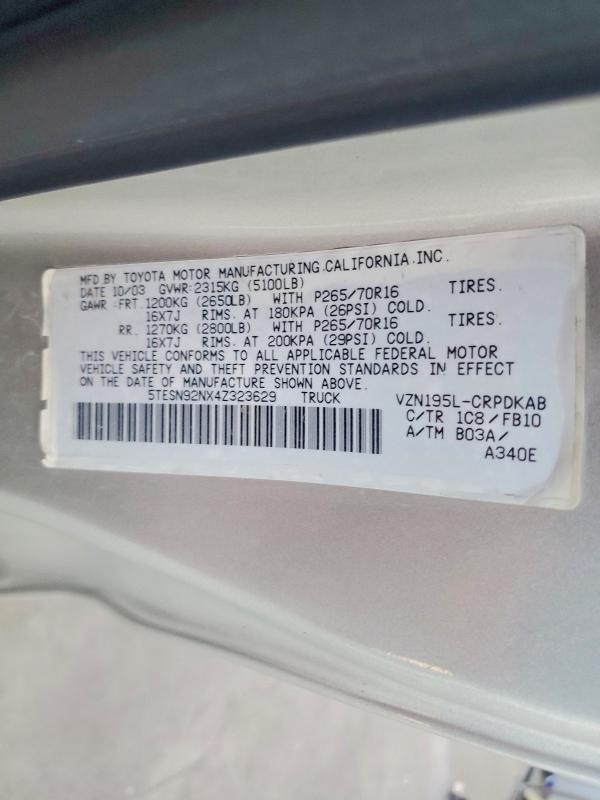 2004 Toyota Tacoma მანქანა იყიდება აუქციონზე, vin: 5TESN92NX4Z323629, აუქციონის ნომერი: 70322866