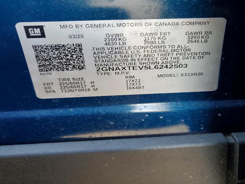 Aukcja sprzedaży 2020 Chevrolet Equinox, vin: 2GNAXTEV5L6242503, numer aukcji: 69207946