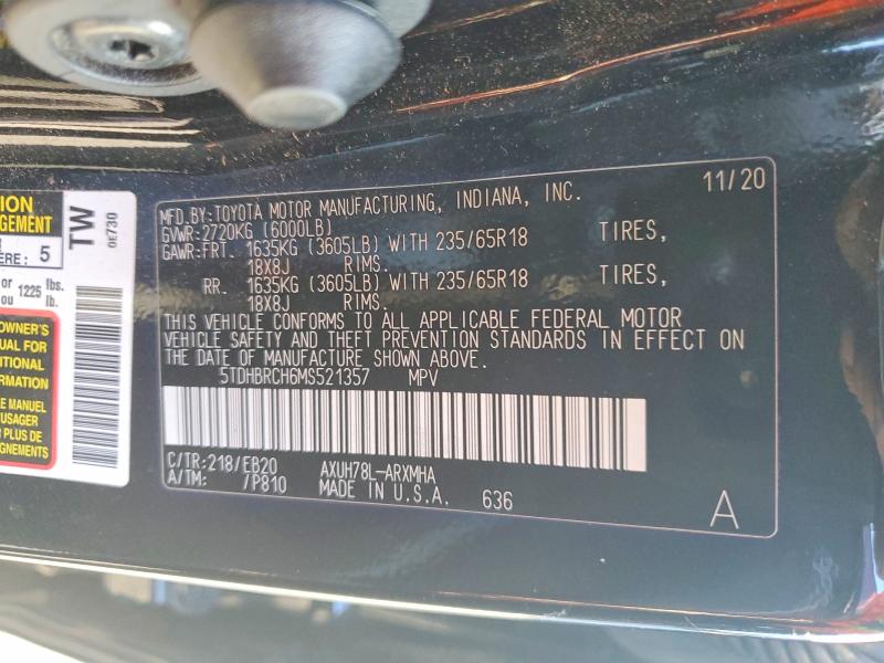 2021 Toyota Highlander მანქანა იყიდება აუქციონზე, vin: 5TDHBRCH6MS521357, აუქციონის ნომერი: 68678236