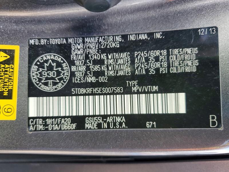 Aukcja sprzedaży 2014 Toyota Highlander, vin: 5TDBKRFH5ES007583, numer aukcji: 68004656