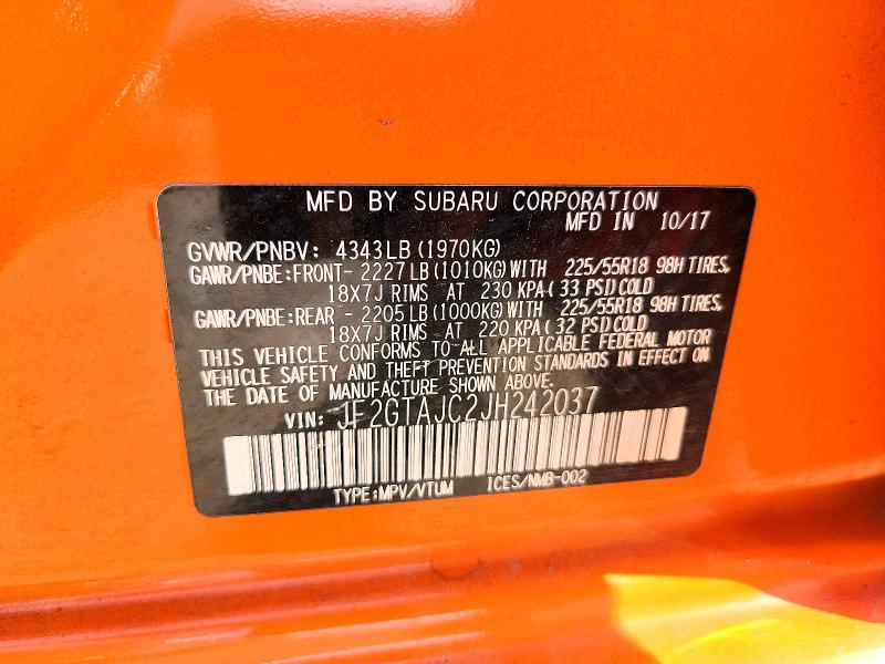 Aukcja sprzedaży 2018 Subaru Crosstrek, vin: JF2GTAJC2JH242037, numer aukcji: 69253266