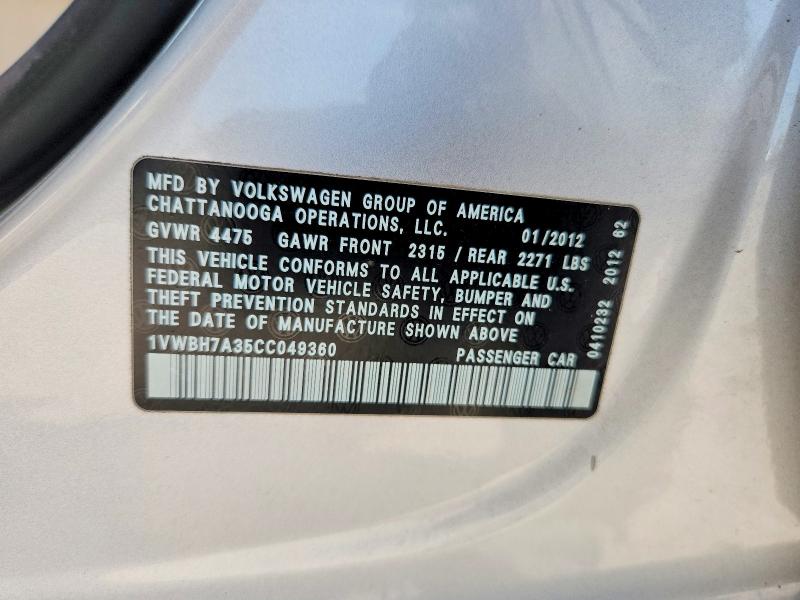 Aukcja sprzedaży 2012 Volkswagen Passat, vin: 1VWBH7A35CC049360, numer aukcji: 68032616