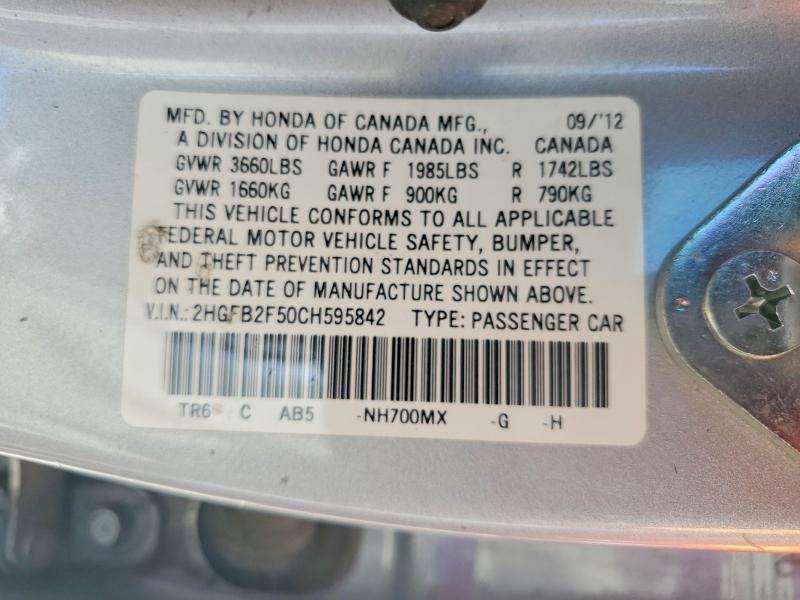 Aukcja sprzedaży 2012 Honda Civic, vin: 2HGFB2F50CH595842, numer aukcji: 69638566