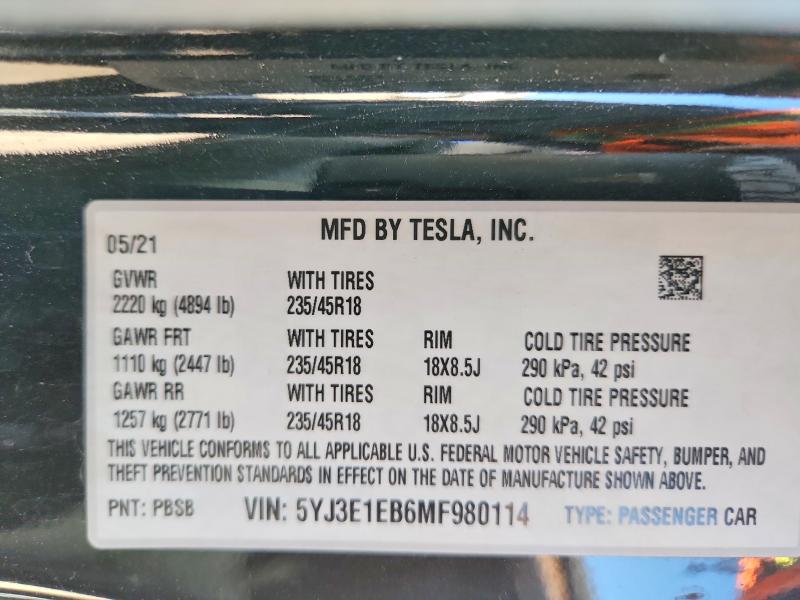 Aukcja sprzedaży 2021 Tesla Model 3, vin: 5YJ3E1EB6MF980114, numer aukcji: 67419206