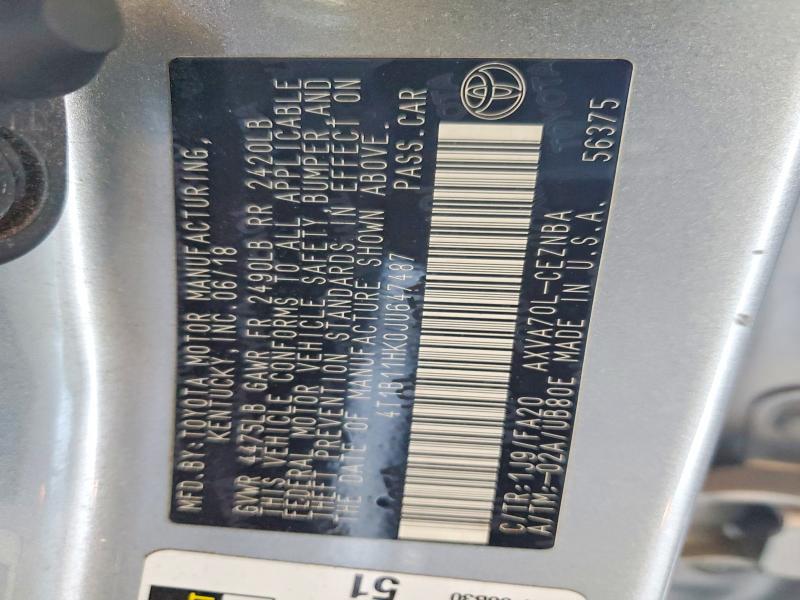 Auction sale of the 2018 Toyota Camry, vin: 4T1B11HK0JU647487, lot number: 70659476