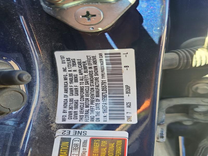 2007 Honda Civic მანქანა იყიდება აუქციონზე, vin: 1HGFA16587L055791, აუქციონის ნომერი: 69418816