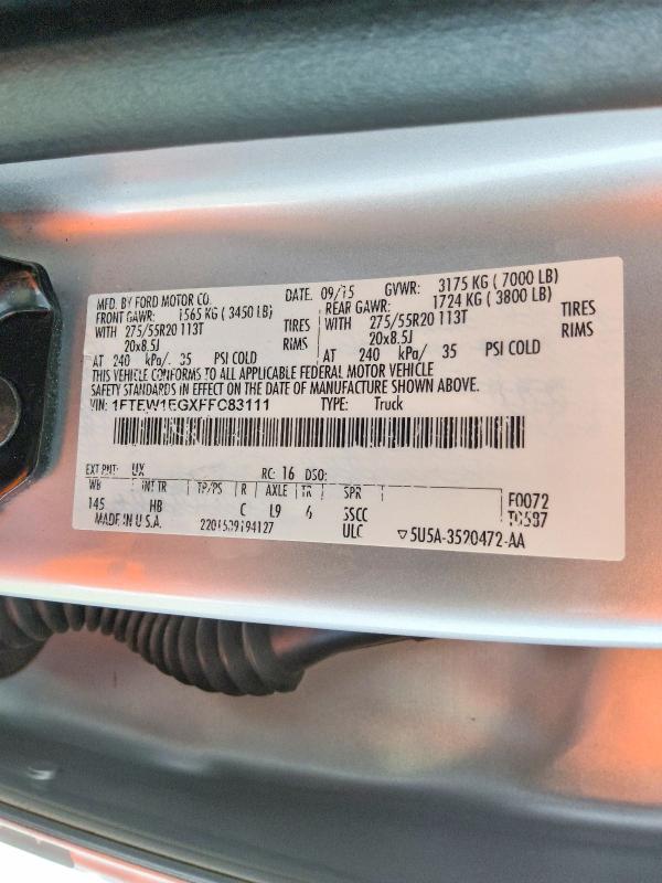 67490226 :رقم المزاد ، 1FTEW1EGXFFC83111 vin ، 2015 Ford F150 مزاد بيع