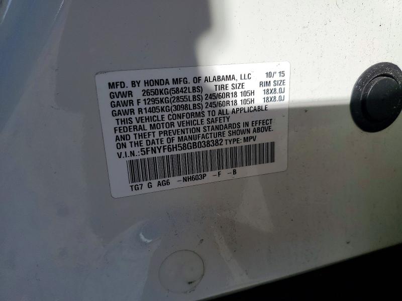 67812686 :رقم المزاد ، 5FNYF6H58GB038382 vin ، 2016 Honda Pilot مزاد بيع
