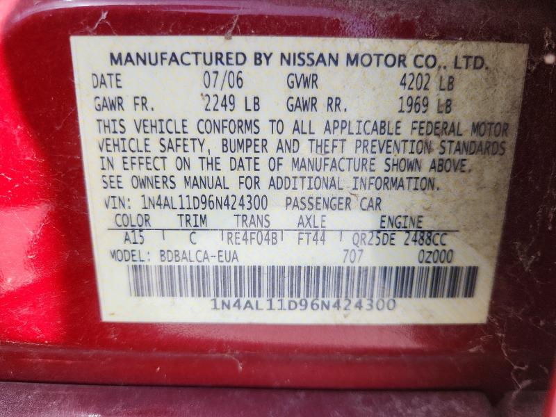 2006 Nissan Altima მანქანა იყიდება აუქციონზე, vin: 1N4AL11D96N424300, აუქციონის ნომერი: 69045646