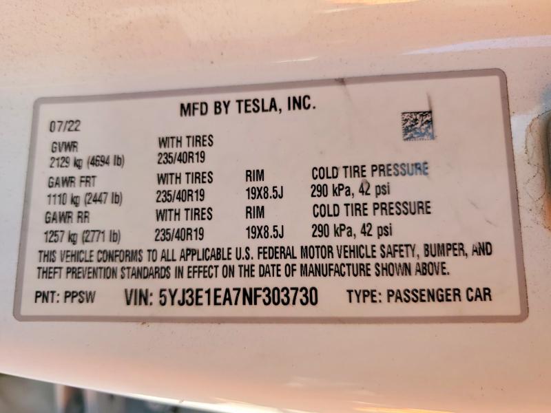 2022 Tesla Model 3 მანქანა იყიდება აუქციონზე, vin: 5YJ3E1EA7NF303730, აუქციონის ნომერი: 69634996