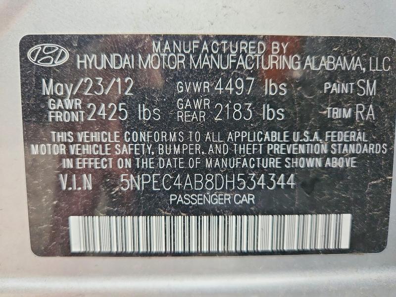 2013 Hyundai Sonata მანქანა იყიდება აუქციონზე, vin: 5NPEC4AB8DH534344, აუქციონის ნომერი: 69622146