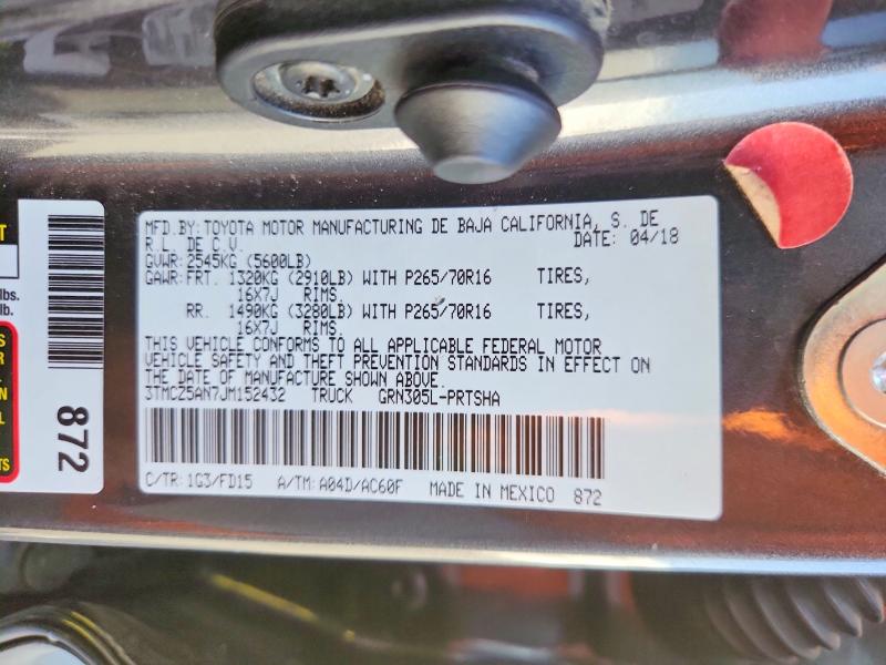 2018 Toyota Tacoma მანქანა იყიდება აუქციონზე, vin: 3TMCZ5AN7JM152432, აუქციონის ნომერი: 68624756