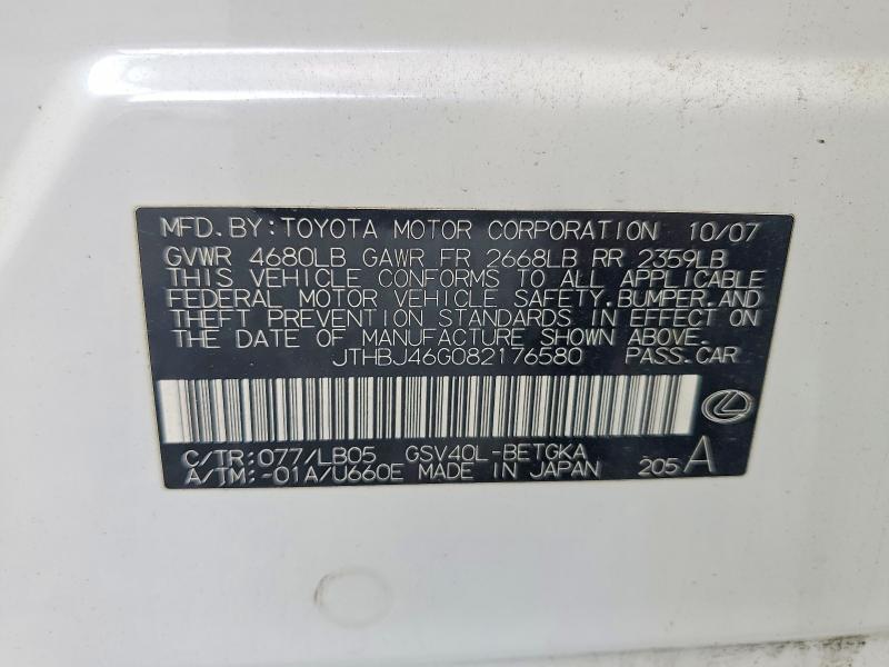 Aukcja sprzedaży 2008 Lexus Es, vin: JTHBJ46G082176580, numer aukcji: 69748106