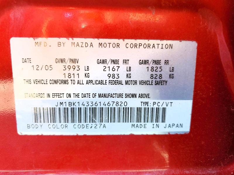 Продажа на аукционе авто 2006 Mazda 3, vin: JM1BK143361467820, номер лота: 69629206