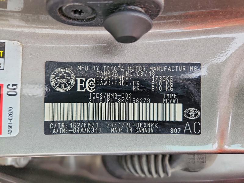 Aukcja sprzedaży 2019 Toyota Corolla, vin: 2T1BURHE8KC156278, numer aukcji: 68828526
