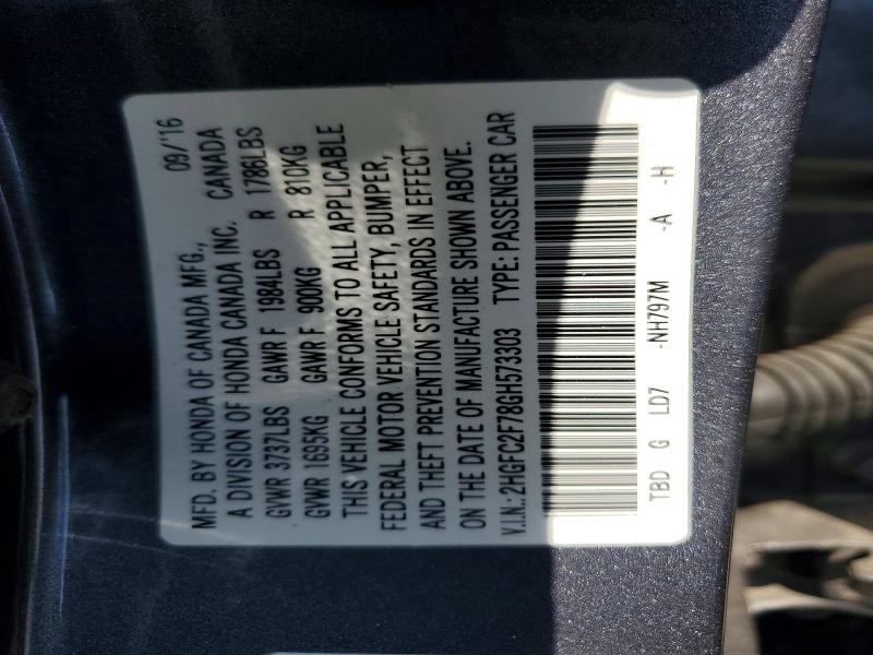 Auction sale of the 2016 Honda Civic, vin: 2HGFC2F78GH573303, lot number: 70444246