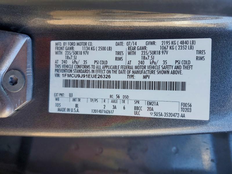 67477136 :رقم المزاد ، 1FMCU9J91EUE26326 vin ، 2014 Ford Escape مزاد بيع