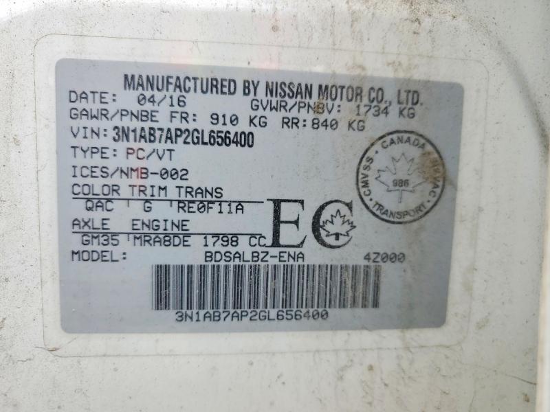 68943946 :رقم المزاد ، 3N1AB7AP2GL656400 vin ، 2016 Nissan Sentra مزاد بيع