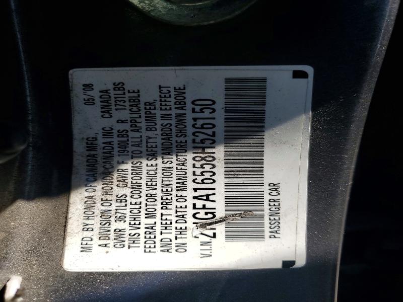 2008 Honda Civic მანქანა იყიდება აუქციონზე, vin: 2HGFA16558H526150, აუქციონის ნომერი: 67677256