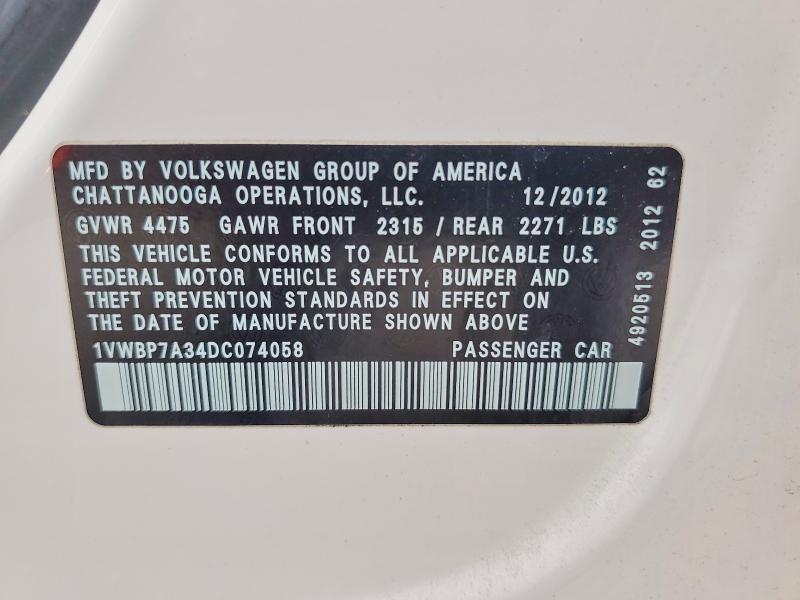 Продажа на аукционе авто 2013 Volkswagen Passat, vin: 1VWBP7A34DC074058, номер лота: 67646316