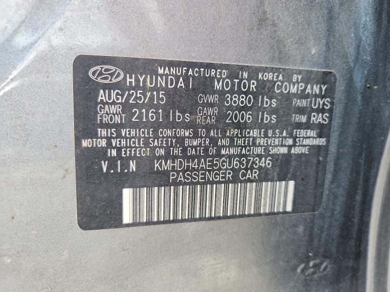 67143136 :رقم المزاد ، KMHDH4AE5GU637346 vin ، 2016 Hyundai Elantra مزاد بيع