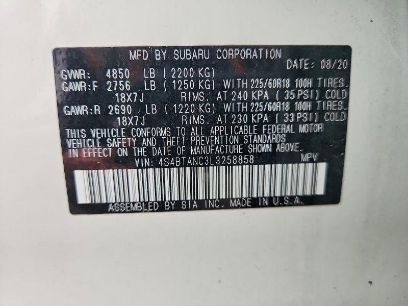 69588146 :رقم المزاد ، 4S4BTANC3L3258858 vin ، 2020 Subaru Outback مزاد بيع