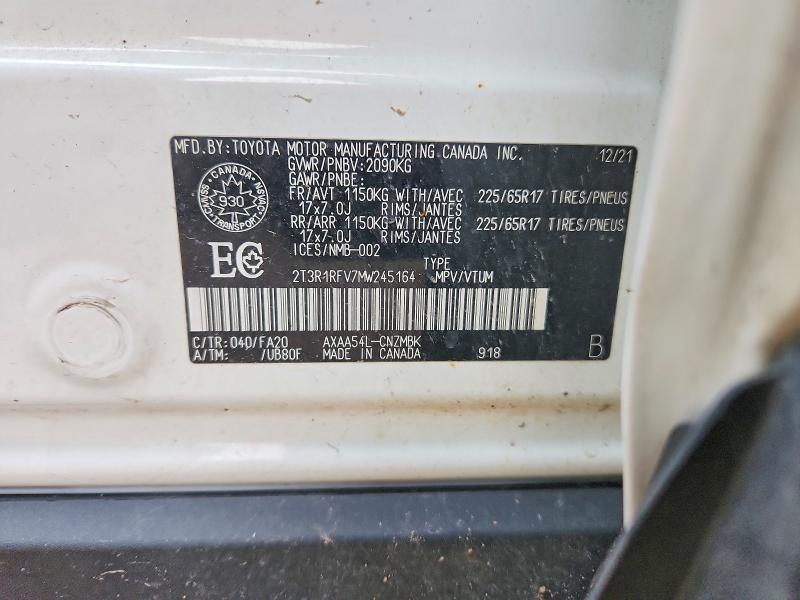 67534736 :رقم المزاد ، 2T3R1RFV7MW245164 vin ، 2021 Toyota Rav4 مزاد بيع