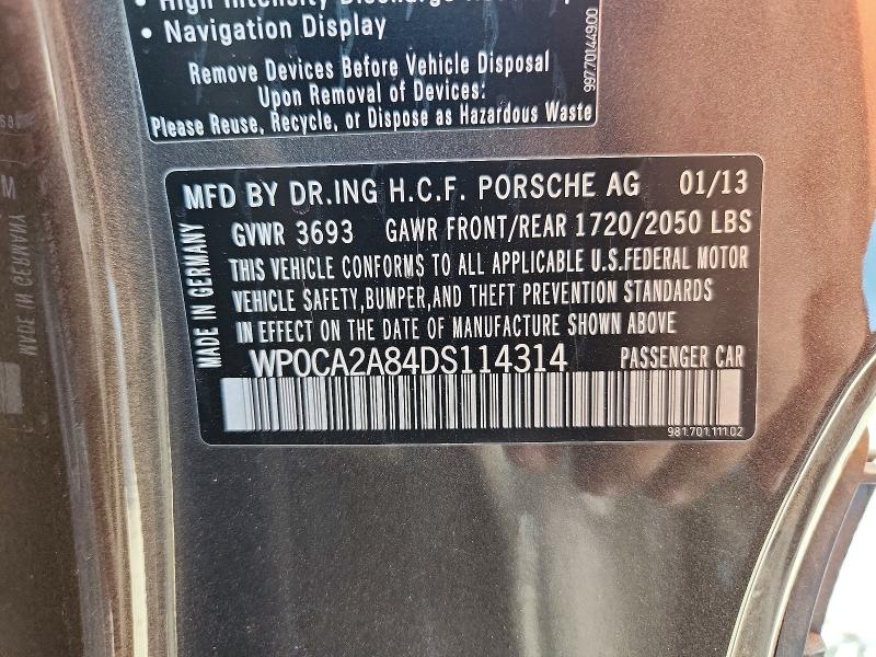 2013 Porsche Boxster მანქანა იყიდება აუქციონზე, vin: WP0CA2A84DS114314, აუქციონის ნომერი: 68837166