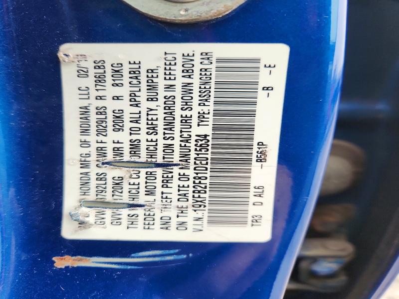 69953156 :رقم المزاد ، 19XFB2F81DE015634 vin ، 2013 Honda Civic مزاد بيع