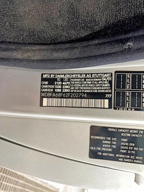 70878456 :رقم المزاد ، WDBFA68F62F202794 vin ، 2002 Mercedes-benz Sl مزاد بيع