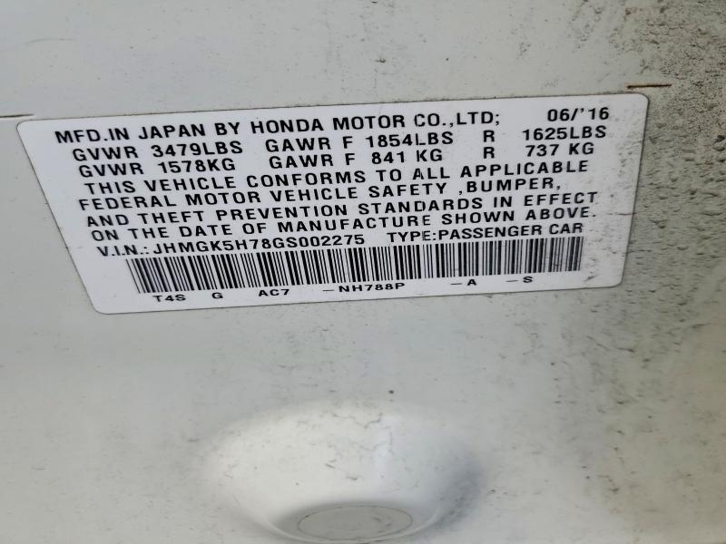 Aukcja sprzedaży 2016 Honda Fit, vin: JHMGK5H78GS002275, numer aukcji: 68204376