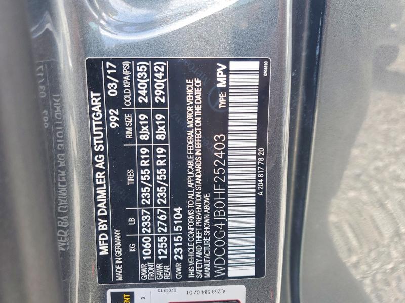 67733776 :رقم المزاد ، WDC0G4JB0HF252403 vin ، 2017 Mercedes-benz Glc مزاد بيع