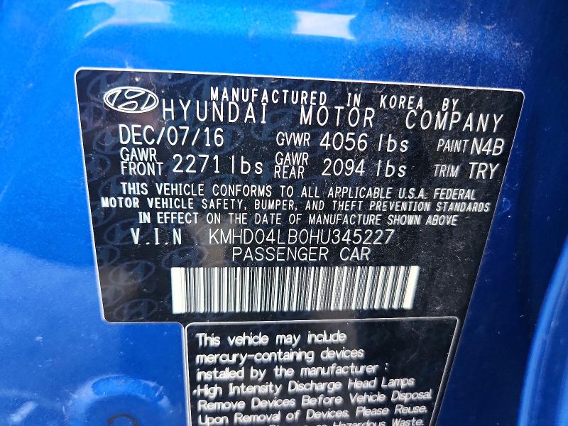 Продажа на аукционе авто 2017 Hyundai Elantra, vin: KMHD04LB0HU345227, номер лота: 70673786