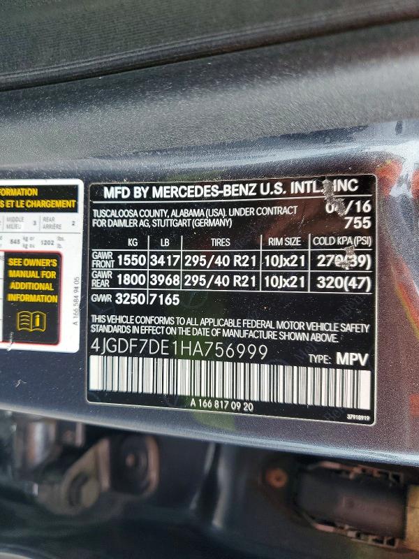 Aukcja sprzedaży 2017 Mercedes-benz Gls, vin: 4JGDF7DE1HA756999, numer aukcji: 66338126