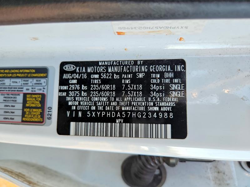 2017 Kia Sorento მანქანა იყიდება აუქციონზე, vin: 5XYPHDA57HG234988, აუქციონის ნომერი: 68157706