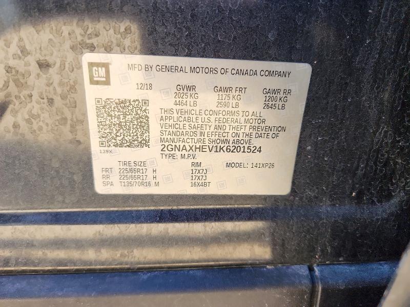 67939306 :رقم المزاد ، 2GNAXHEV1K6201524 vin ، 2019 Chevrolet Equinox مزاد بيع