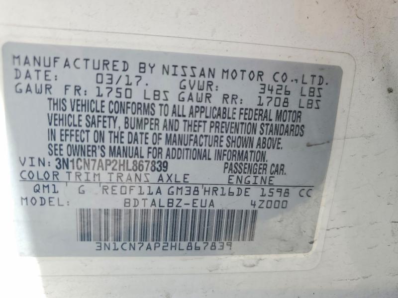Продаж на аукціоні авто 2017 Nissan Versa, vin: 3N1CN7AP2HL867839, номер лоту: 70457656
