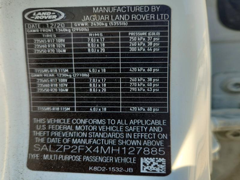 71100716 :رقم المزاد ، SALZP2FX4MH127885 vin ، 2021 Land Rover Range Rover Evoque مزاد بيع
