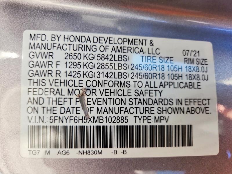 Продажа на аукционе авто 2021 Honda Pilot, vin: 5FNYF6H5XMB102885, номер лота: 68077346
